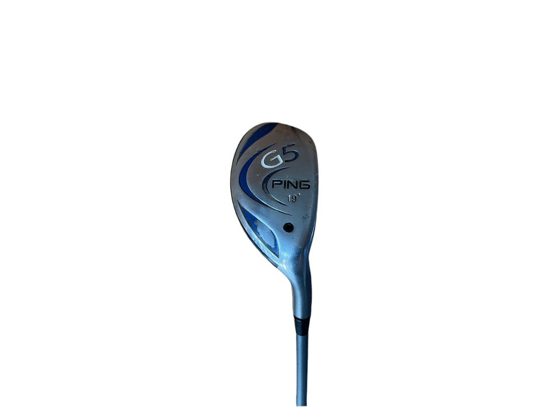 Ping golf club head with blue and silver accents, sleek design.