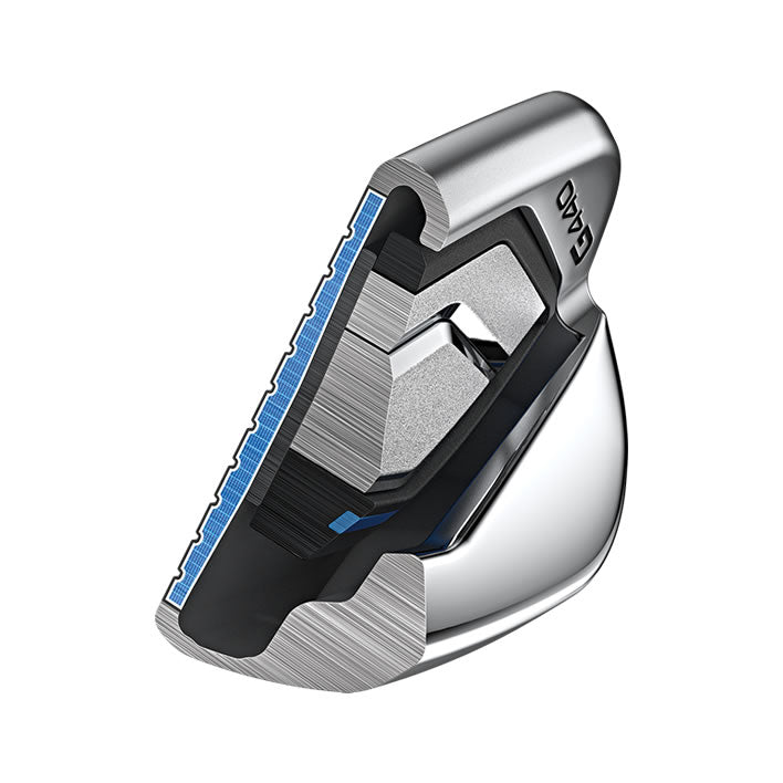 Silver and black golf putter with blue accents, designed for precision.