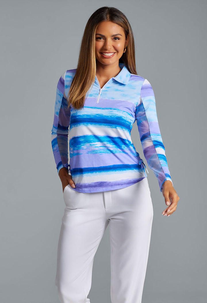 Ibkul Women`s Golf Shirts | Amy Long Sleeve Zip | Polo | Peri/Lavender