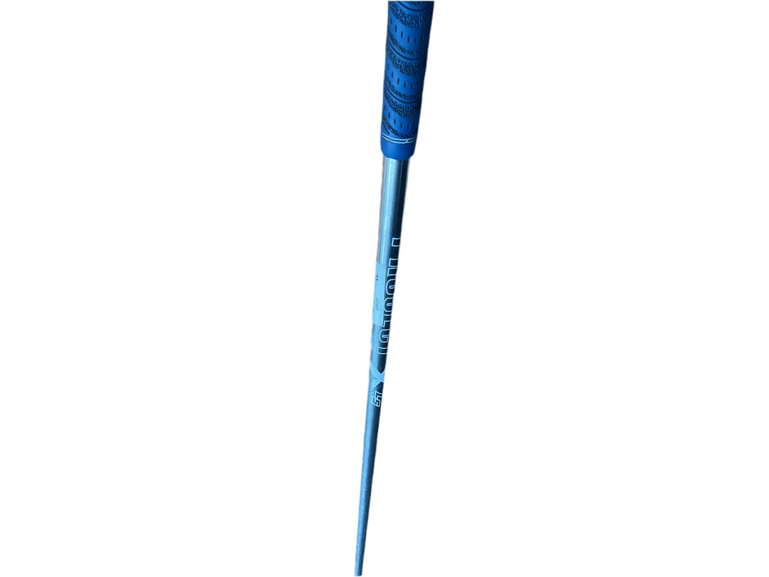 Blue and silver golf club grip with textured pattern, likely made of rubber or synthetic material.