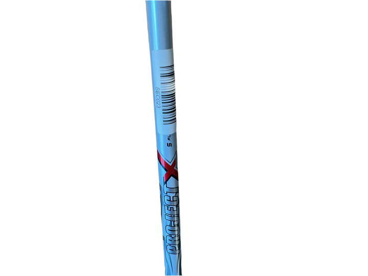 Blue and white pen with red ’x’ design, likely made of plastic.