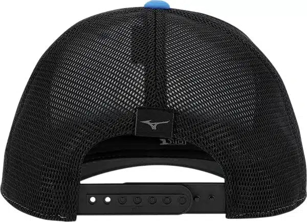 Black mesh baseball cap with blue brim and logo on the back.