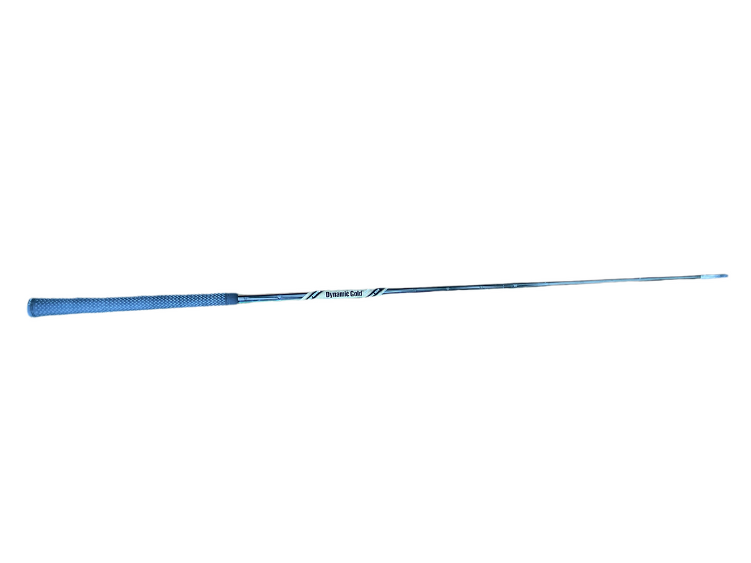 Blue and silver fishing rod with textured grip handle.