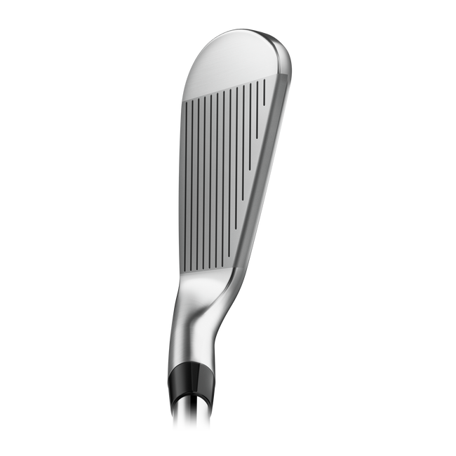 Silver wedge golf club head with black grip and chrome finish.