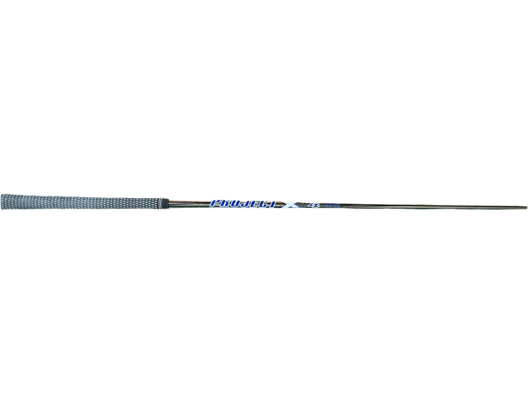Blue and white fishing rod with black grip handle.
