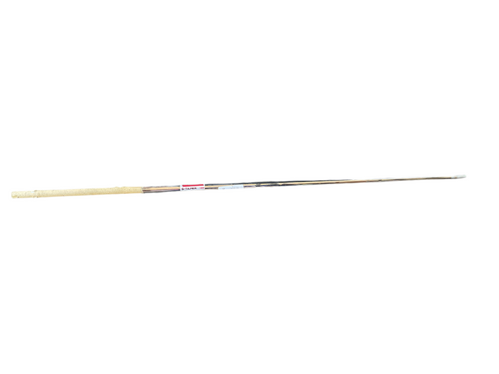 Fishing rod with black and white stripes, wooden handle, metallic tip