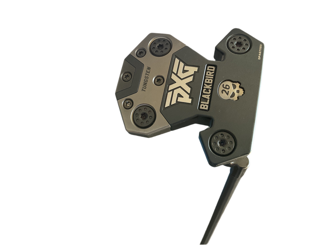 Black and gold putter with a sleek design, featuring the pxg logo.