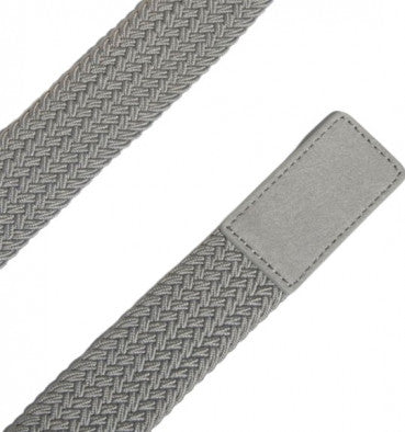 Grey woven belt with leather keeper loop and stitching detail.