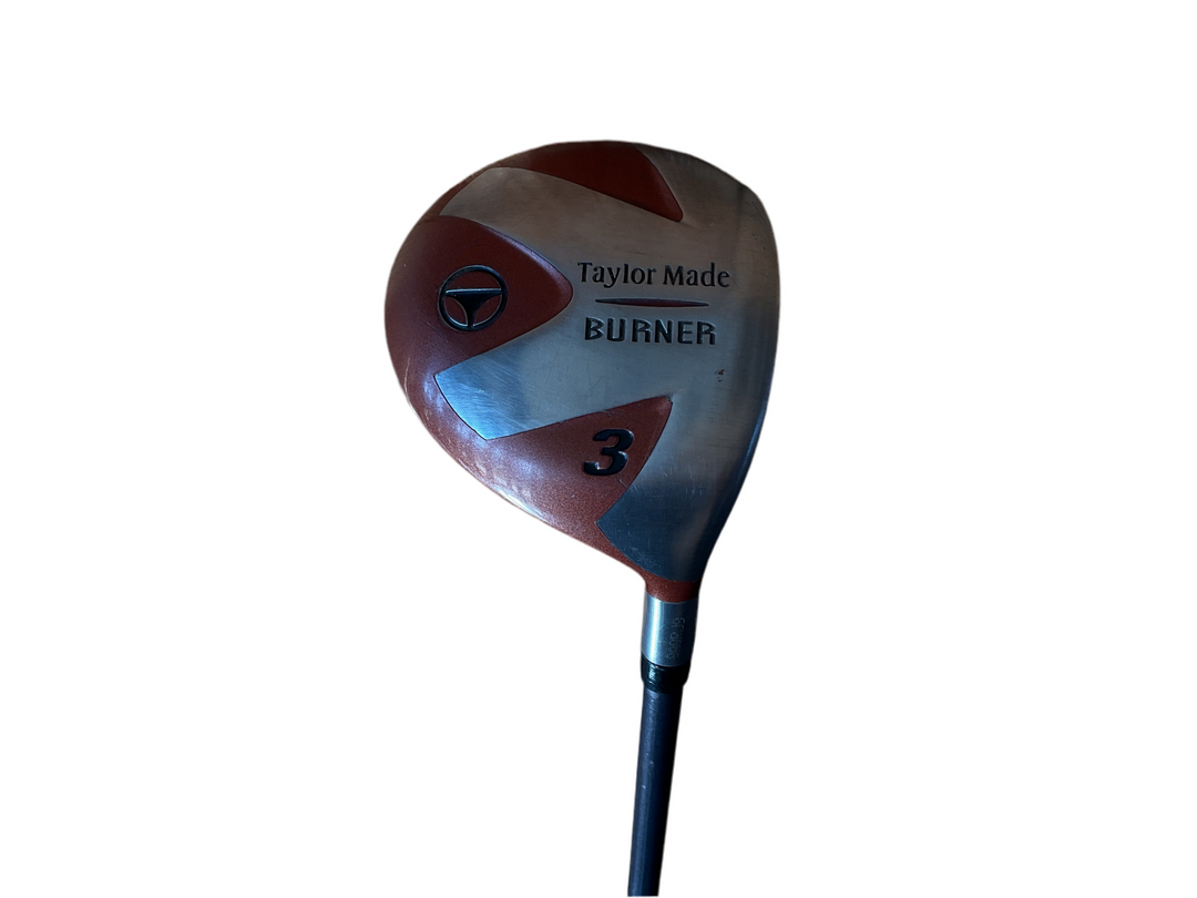Taylormade burner 3 wood golf club with a black shaft and red, white, blue head design.