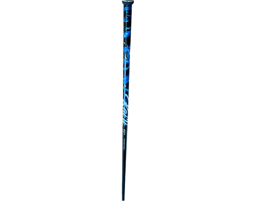 Blue and black baseball bat with a graphic design on the handle.
