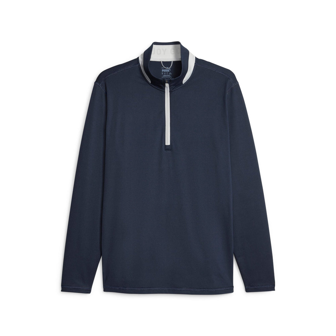 Navy blue golf pullover with white trim and zipper detail, featuring a classic collar design.