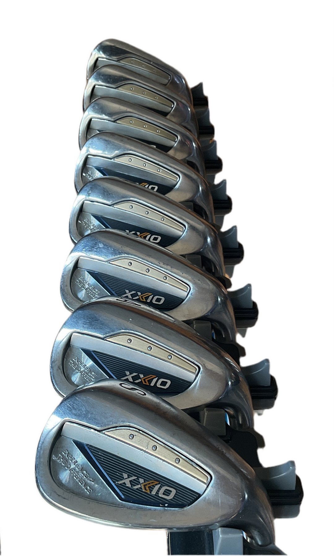 Xxio golf iron set with sleek silver finish and black accents.