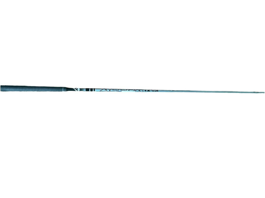 Fishing rod with blue and white pattern, graphite shaft, black handle.