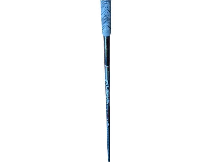 Blue grip golf club with textured handle and metallic shaft.