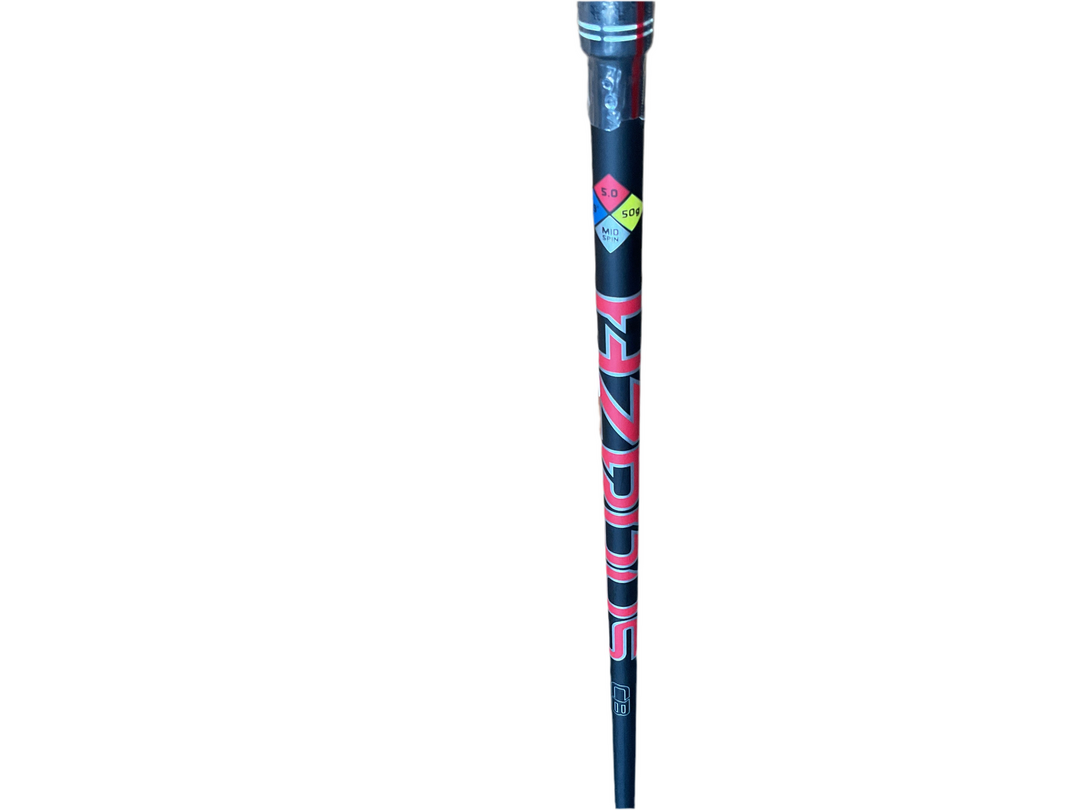 Blue and pink lacrosse stick with black grip, branded ’easton’ model ’lacrosse stick’.