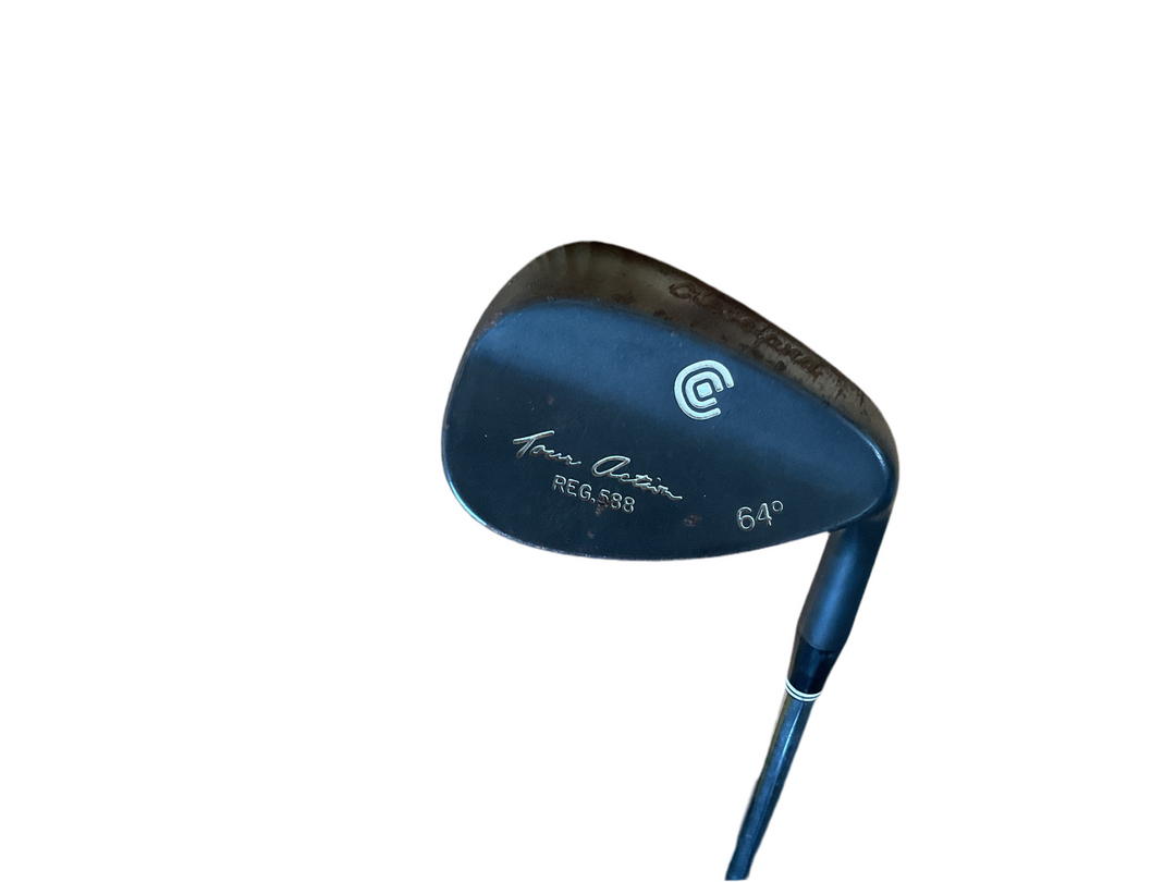 64-degree wedge golf club with a blue and black finish, featuring a signature logo.