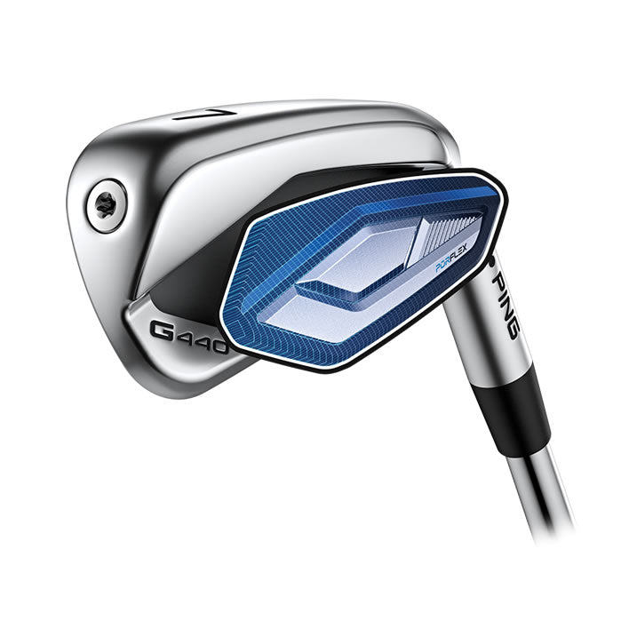 Silver and blue golf iron with a sleek design, featuring the ping brand logo.