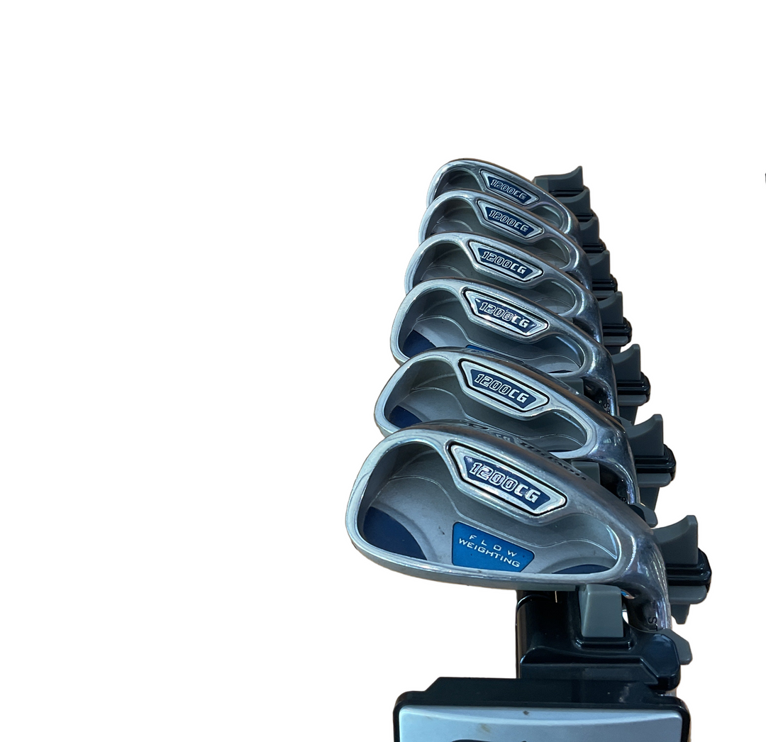 Silver golf club set with black accents and white text on heads, displayed in a stand.