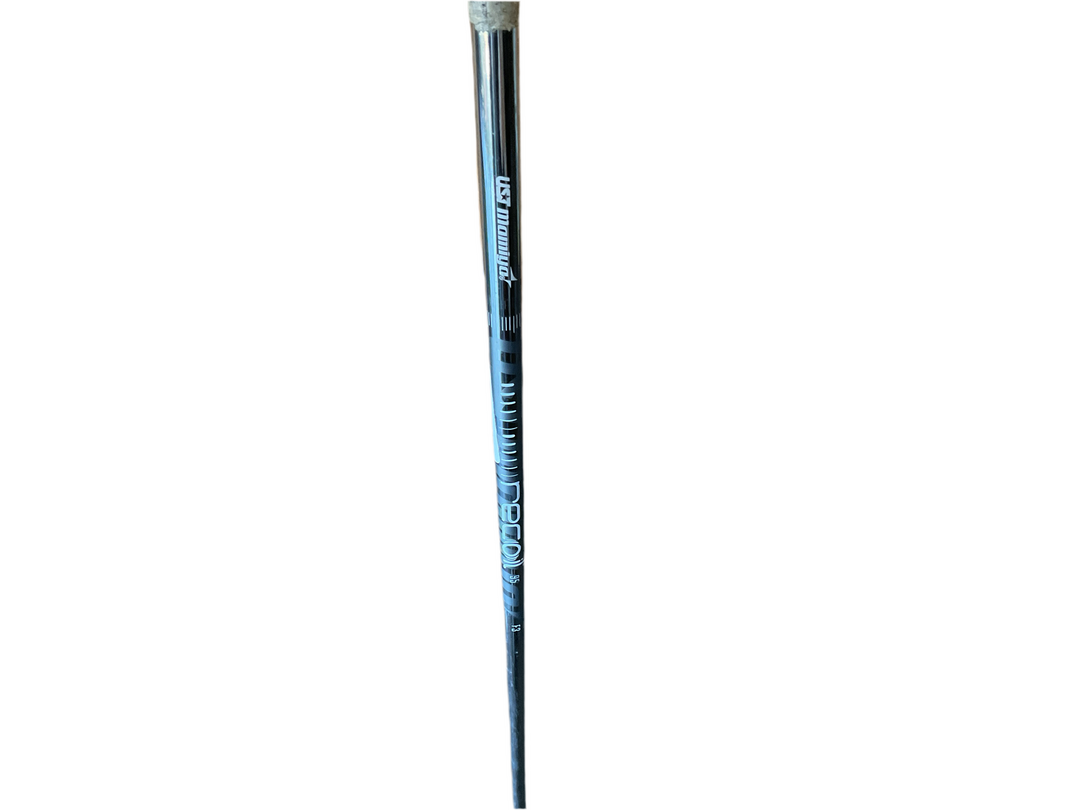 Blue and black lacrosse stick with white grip handle.