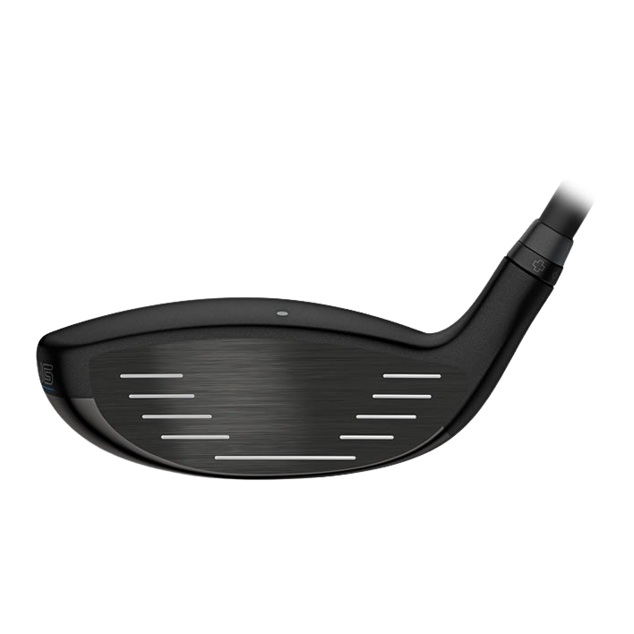 Black driver golf club head with white sole and silver accents.