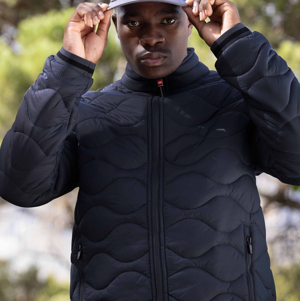 Mens Urban Padded Puffer Jacket in black quilted wave pattern with zipper