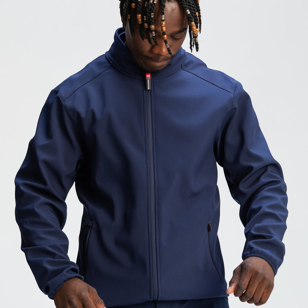 Navy blue zip-up jacket with a sleek design and soft material.