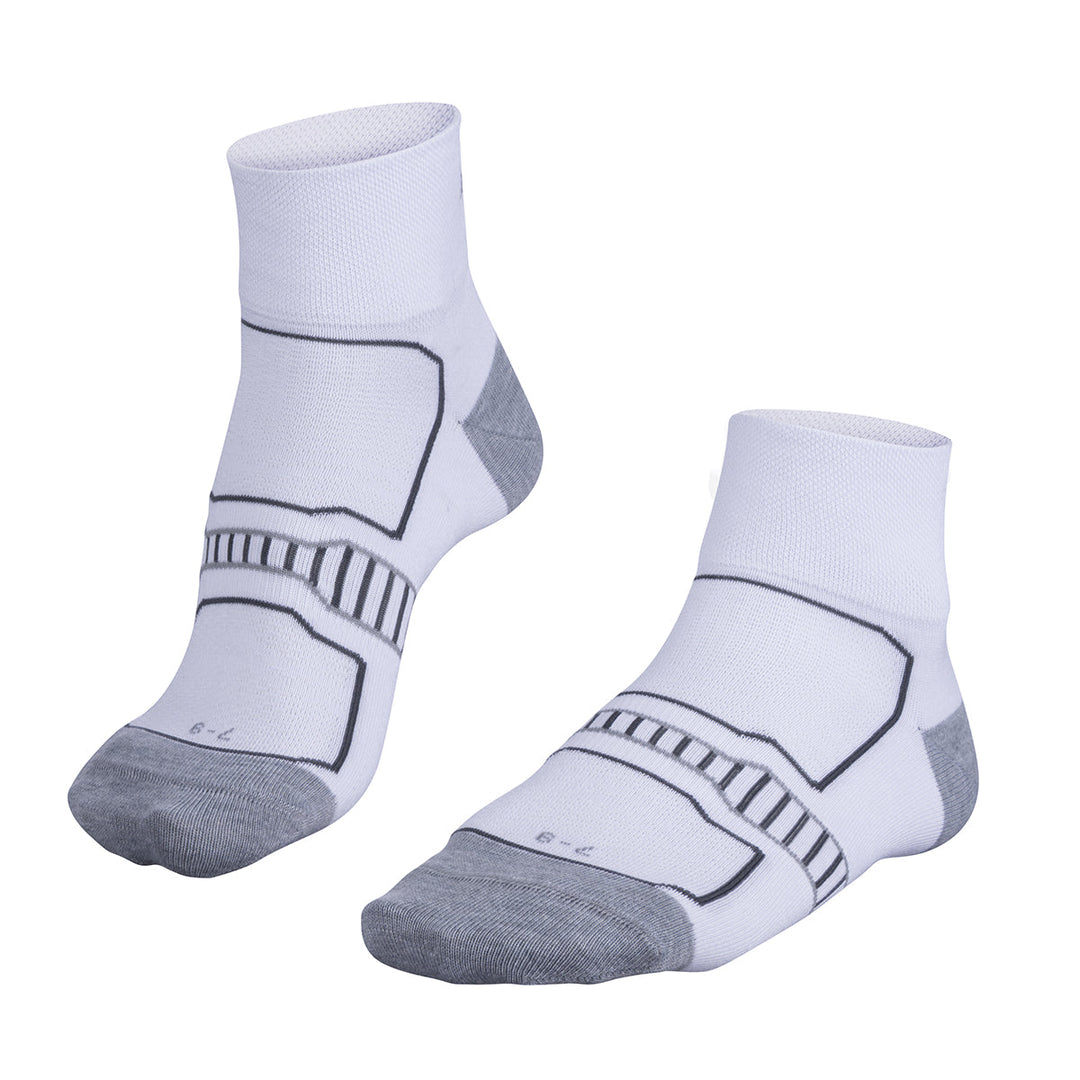 White athletic ankle socks with gray accents and black lines, designed for comfort and support.