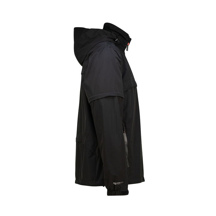 Black waterproof jacket with hood and zipper details, likely made of nylon or polyester.