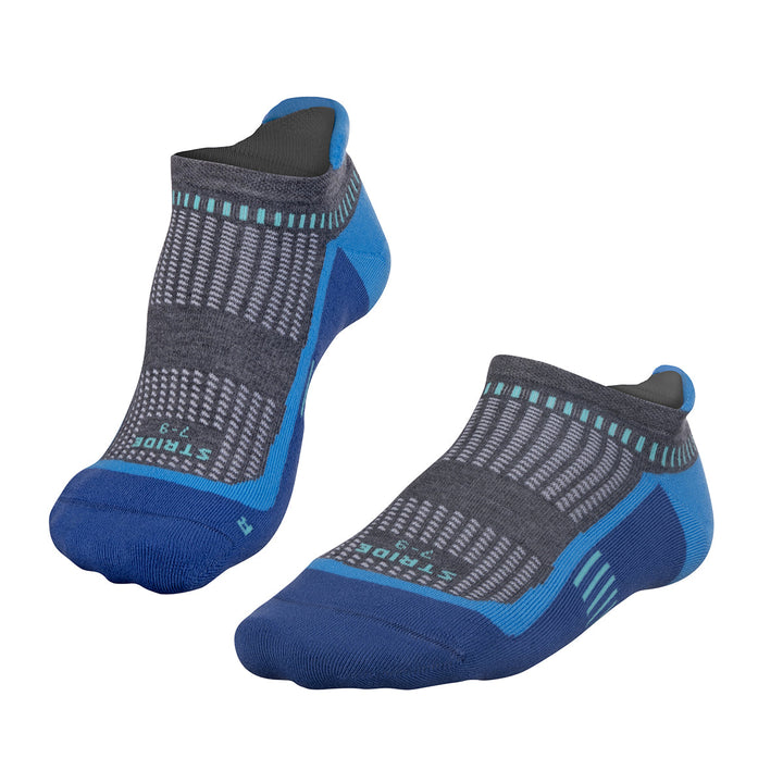 Blue and gray running socks with textured pattern, cushioned heel and toe, by falke.