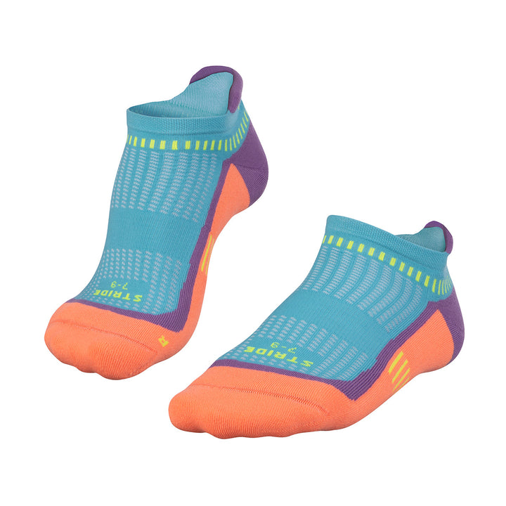 Teal and orange Falke Stride Hidden golf socks with purple accents for running