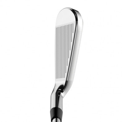 Chrome golf iron with black grip and silver head design, resembling a taylormade m4 model.