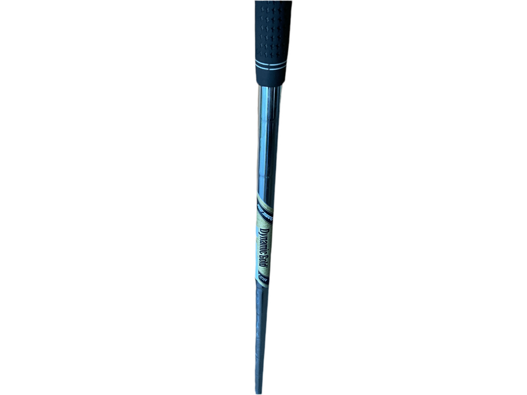 Blue and white striped golf club shaft with black grip
