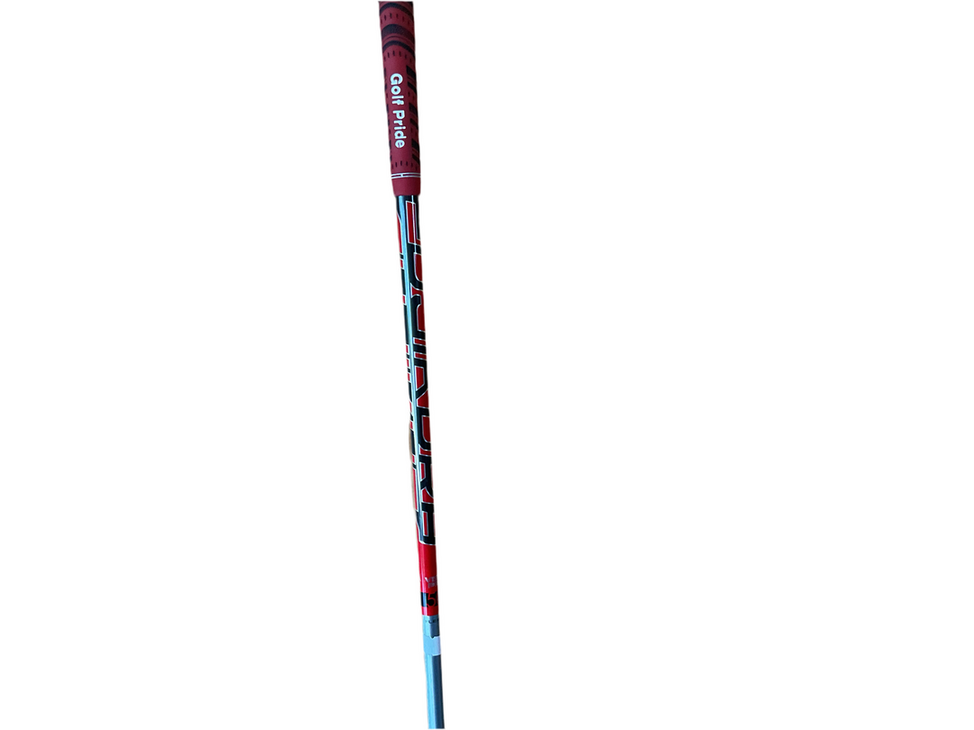 Blue and red golf club with white text on grip, made of metal and plastic.