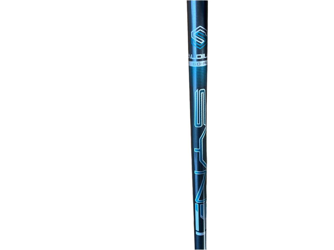 Blue and black golf club shaft with white logo design, likely made of composite materials.