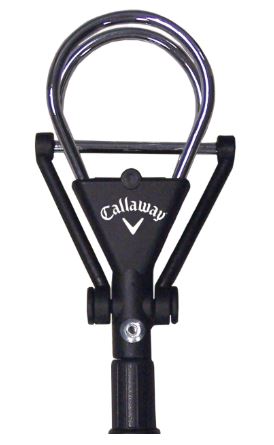 Black callaway golf club head cover with metal ring and adjustable strap.
