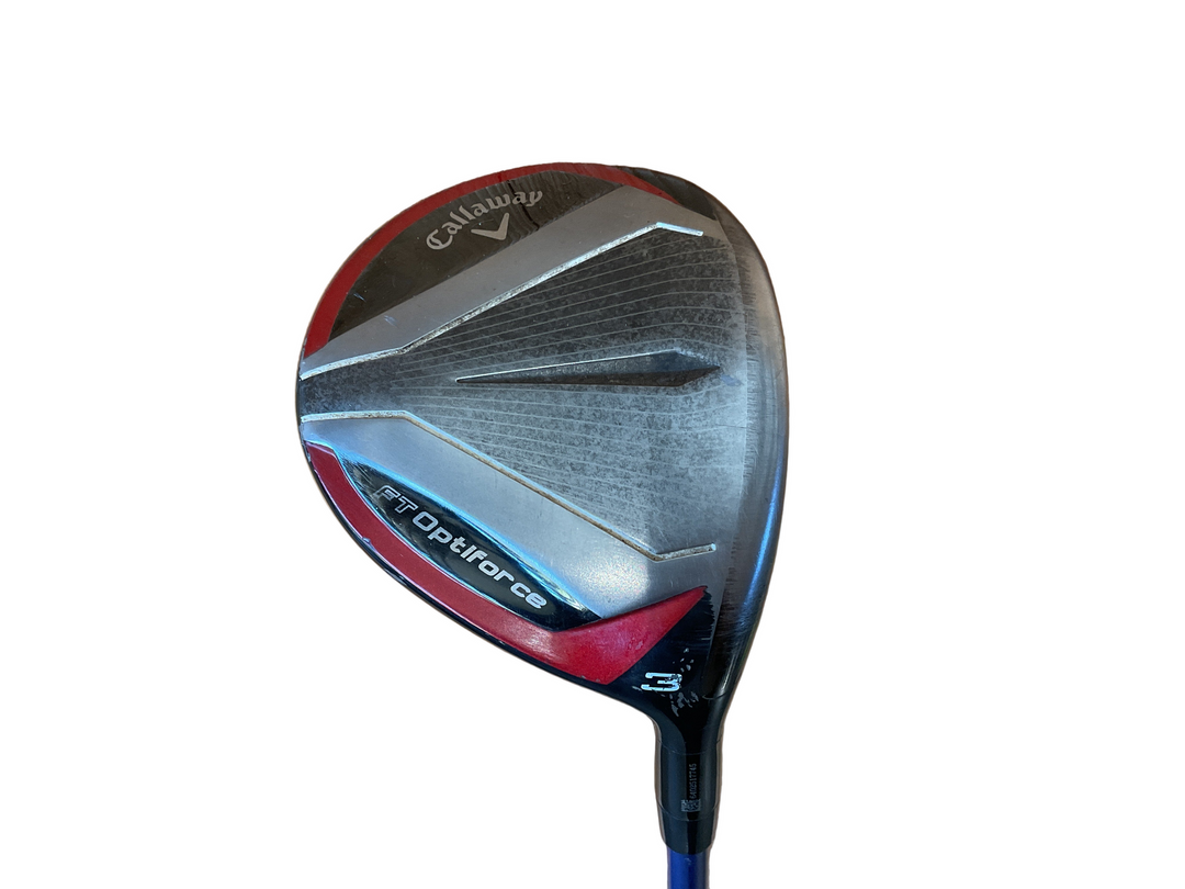 Callaway optiforce fairway wood with a black and red head, blue shaft.