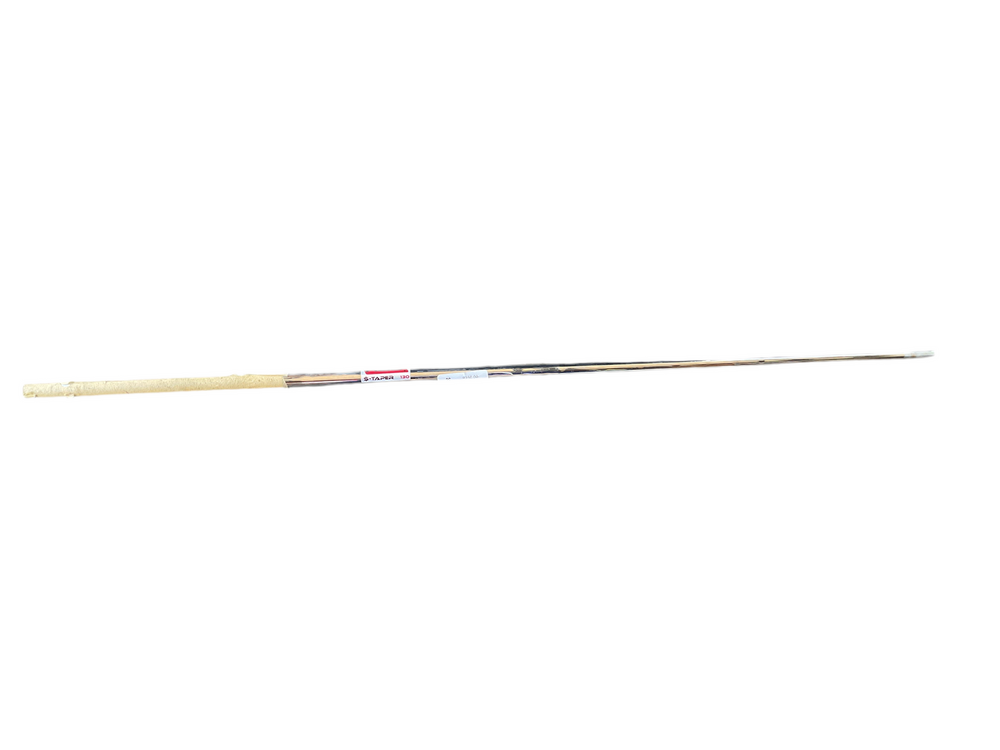 Fishing rod with black and white stripes, wooden handle, telescopic design.