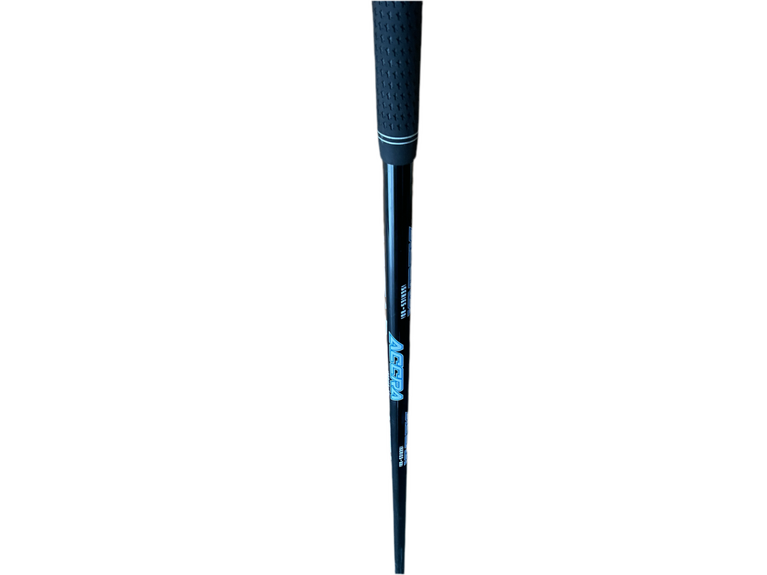 Black golf club with blue grip and ’adams’ branding.