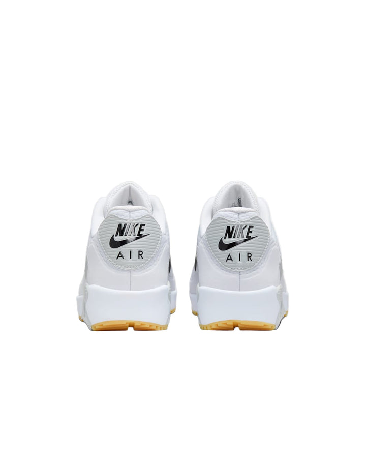 White Nike Air Max 90 G mens golf shoes with black text and gum sole