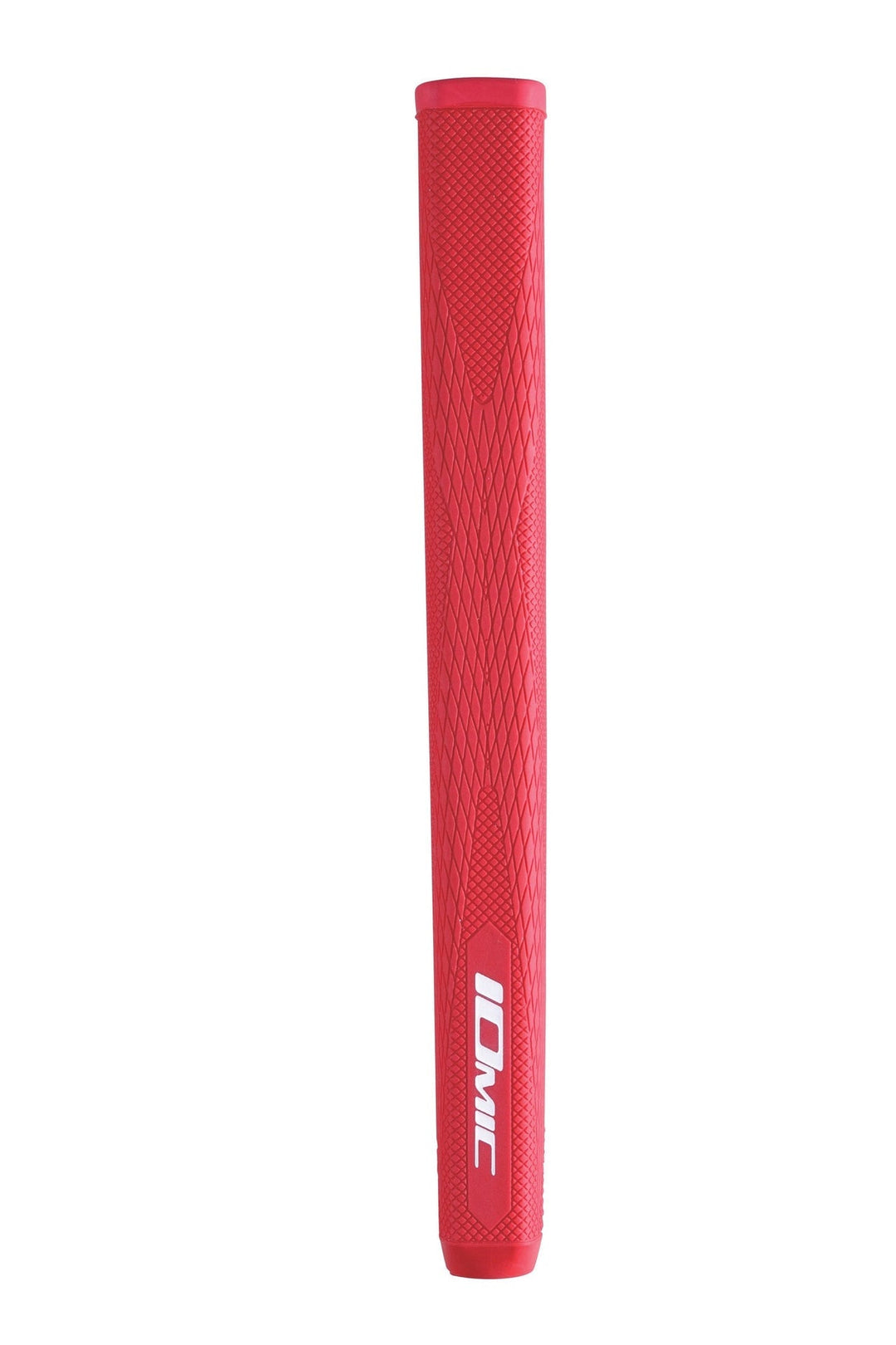 Red golf club grip with textured surface and ’iconic’ logo.