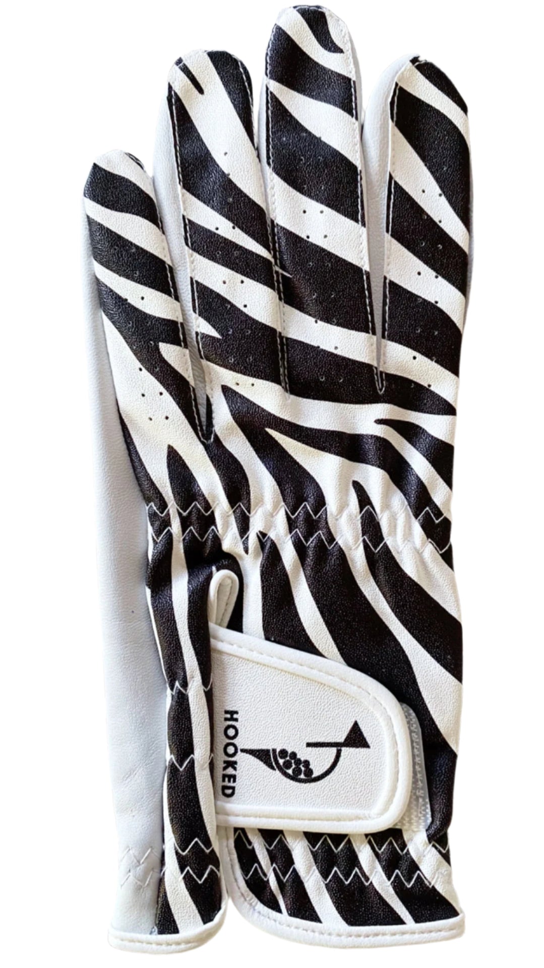 Zebra print golf glove with hooked logo and white accents.