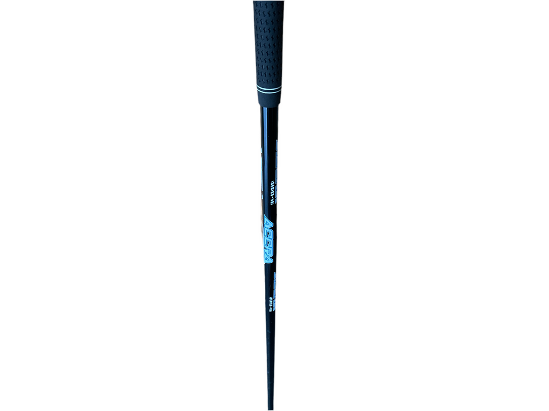 Black golf club with white text and blue accents.