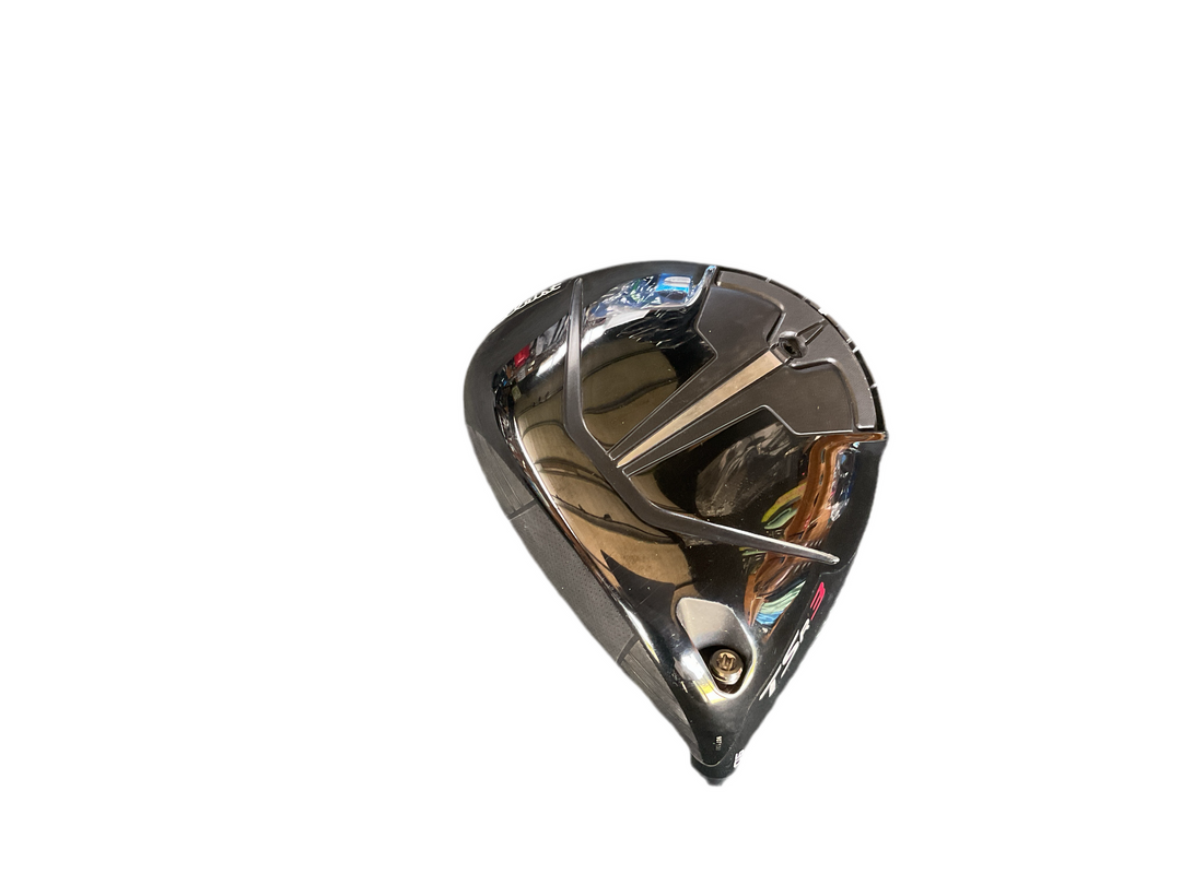Chrome golf club head with black accents and a sleek, modern design.