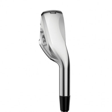 Chrome golf iron with black grip and silver head, featuring a sleek modern design.