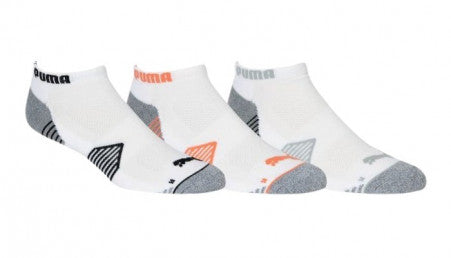 White puma athletic socks with gray and orange accents, featuring a geometric pattern.