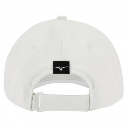 White mizuno baseball cap with adjustable strap and logo on the back.