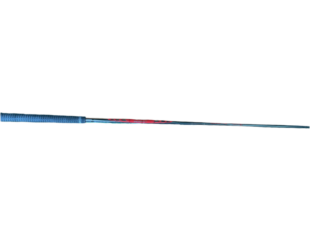 Blue and red striped fishing rod with black grip handle.