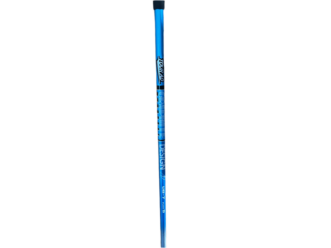 Blue lacrosse stick with black grip and white text on shaft.