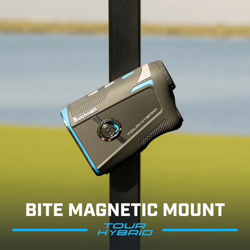 Bushnell tour hybrid laser rangefinder with bite magnetic mount, black and blue design.