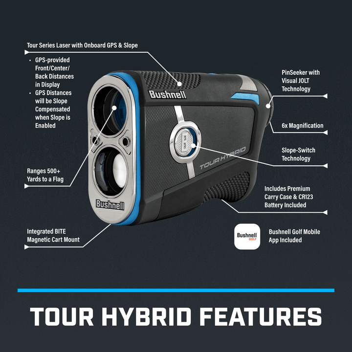 Bushnell tour hybrid laser rangefinder with gps and slope compensation, featuring a black body with blue accents.